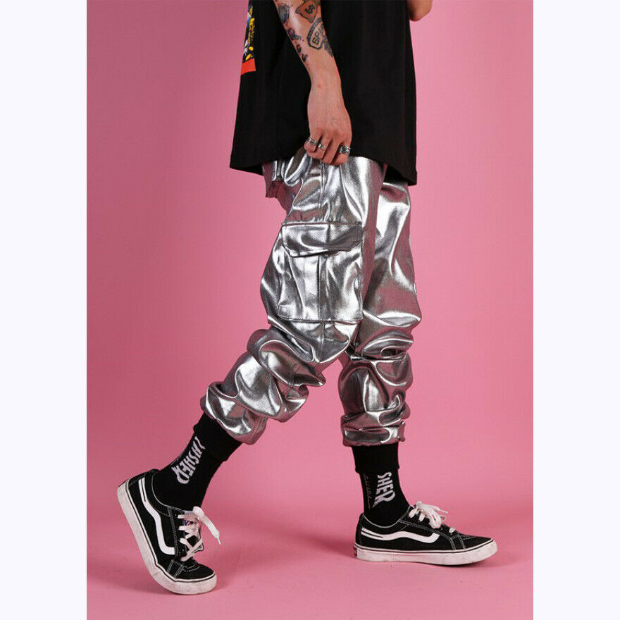 Men's Glossy Harem Pants Nightclub Trousers Hip Hop Dance Shiny Multi-pocket New