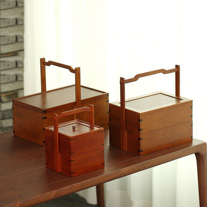 Portable Teacup Teapot Fruit Food Bamboo Storage Box Retro Basket Picnic Box