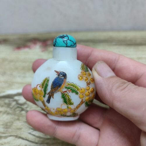 Old Beijing colored glaze Painted Glass Snuff Bottle box bird Ku Yueh Hsuan rare