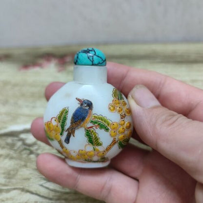 Old Beijing colored glaze Painted Glass Snuff Bottle box bird Ku Yueh Hsuan rare