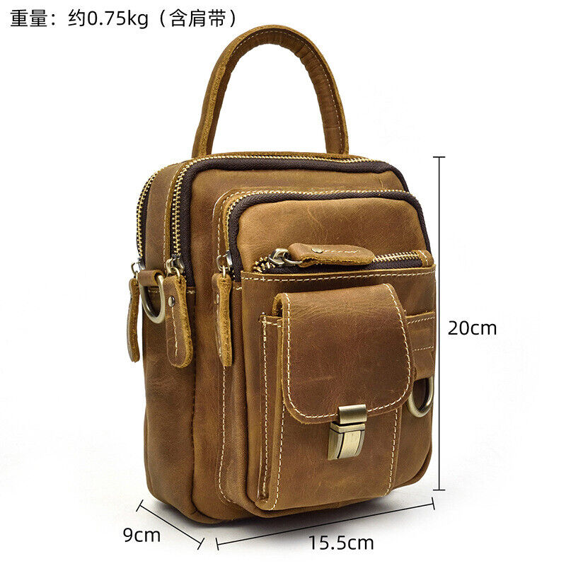 Men Crazy Horse Leather 8" Sling Shoulder Bag Multifunctional handbag Waist Pack