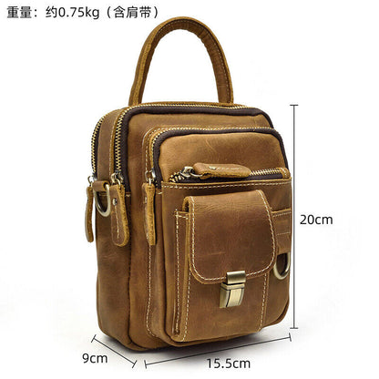Men Crazy Horse Leather 8" Sling Shoulder Bag Multifunctional handbag Waist Pack