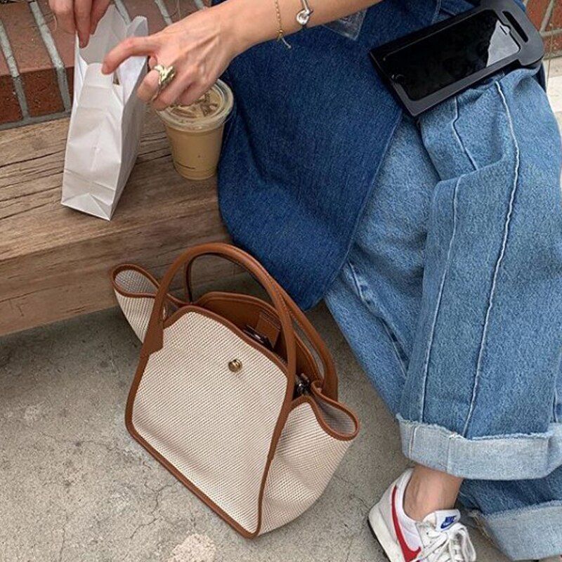 Casual Canvas Trapeze Handbags Shoulder Crossbody Bags Shopper Bags 26*16*26 CM