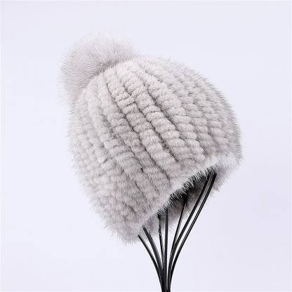 Real Mink Fur Hat Women Knitted Beanie Cap with Fur Pom Poms Thick Cap Elastic