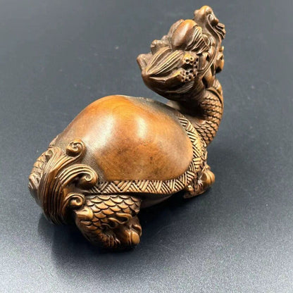 Collections Chinese Boxwood Carving Dragon Turtle Statue Nice Figurines Artwork