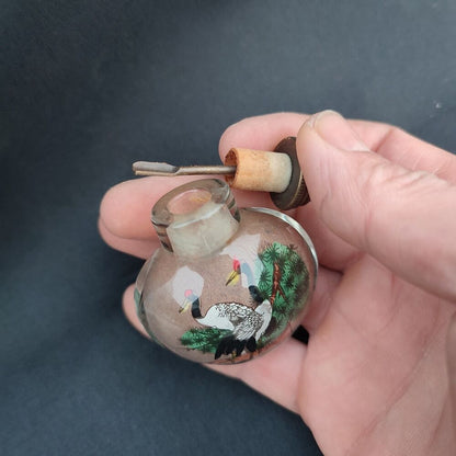 Chinese Glass Snuff Bottle With Inside Painting Crane Pine Orane Figurine Art