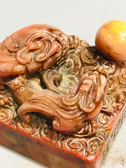 Chinese Natural Shoushan Stone Hand Carved Dragon Statue Seal Sealstone Rare Art