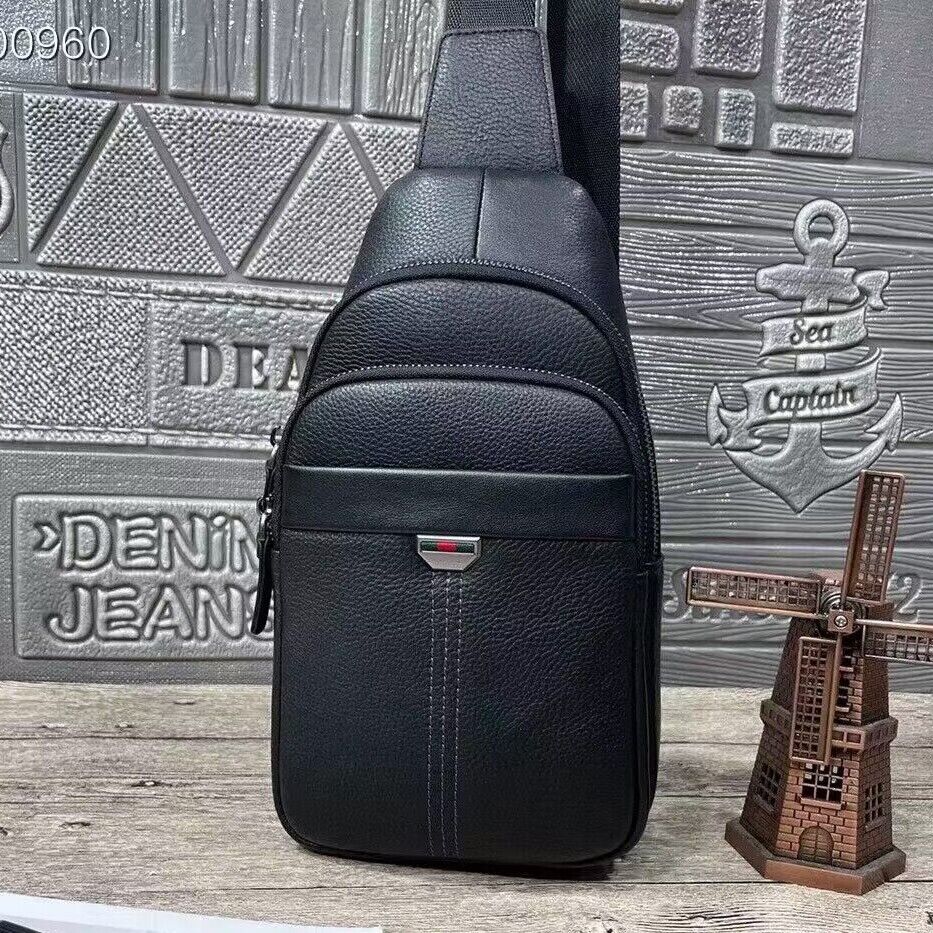 Top Soft Cow Leather Black Sling Backpack, Mens Casual Crossbody Bag for Hiking