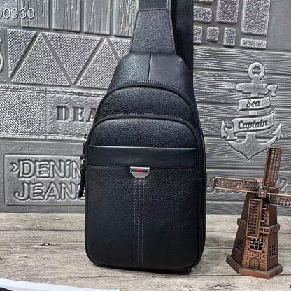 Top Soft Cow Leather Black Sling Backpack, Mens Casual Crossbody Bag for Hiking