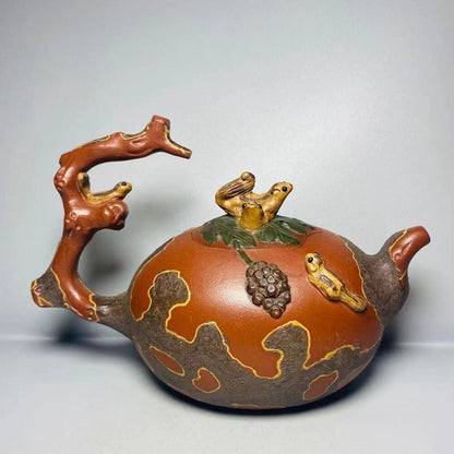Vintage Chinese Yixing Purple Clay Teapot Zisha Ceramic Carving Squirrel Tea Set