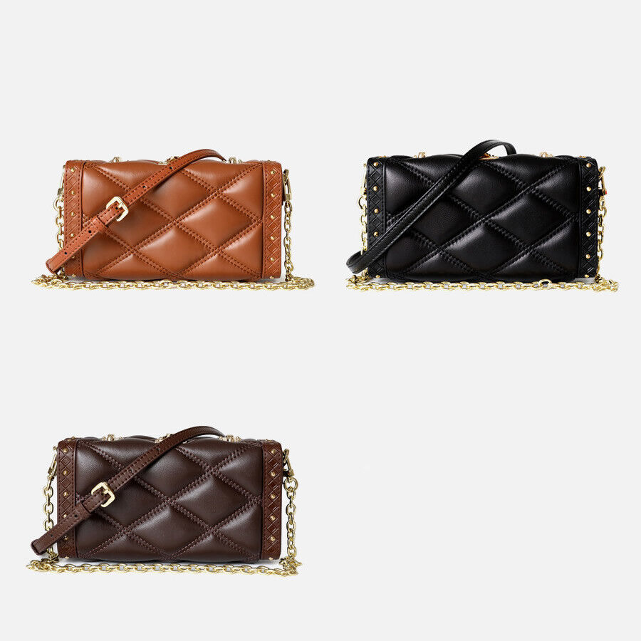 Small Mini Quilted Lambskin Leather Clutch Box Case Shoulder Bag Purse w/ Chain