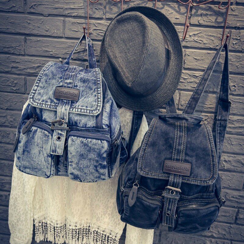 Women Fashion Denim Washed Retro Student School Bag Denim Backpack 30*32*12 CM