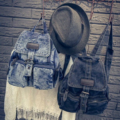 Women Fashion Denim Washed Retro Student School Bag Denim Backpack 30*32*12 CM