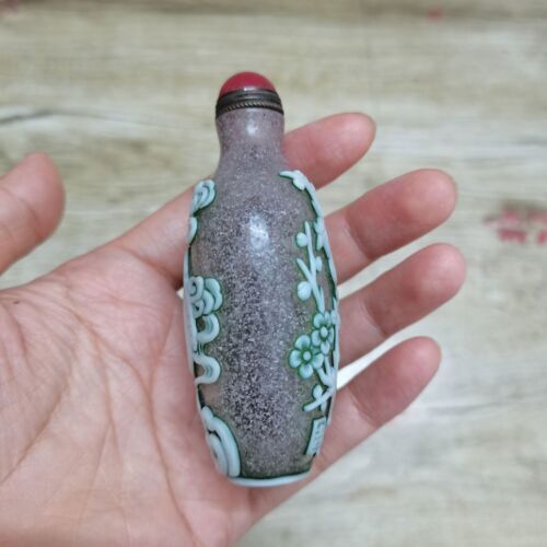 Collection Chinese Beijing Glaze Carved Flower Bird Exquisite Snuff Bottle Glass