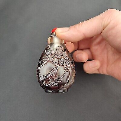 chinese carved glass snuff bottles asian antiques crane flower bird snuffbox art
