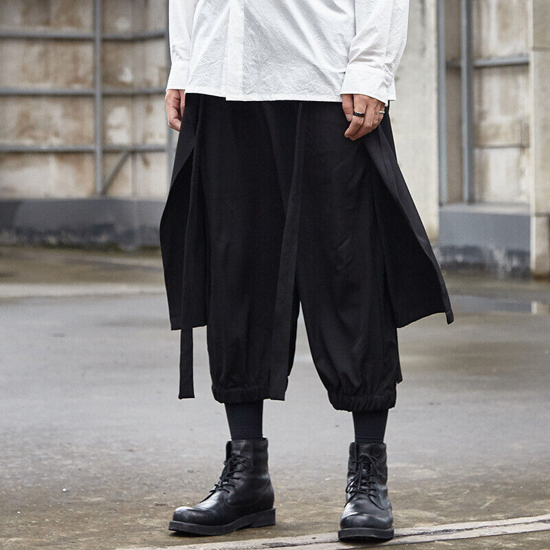 Men Japanese Loose Wide Leg Pants Drawstring Kimono Samurai Baggy Trousers Skirt