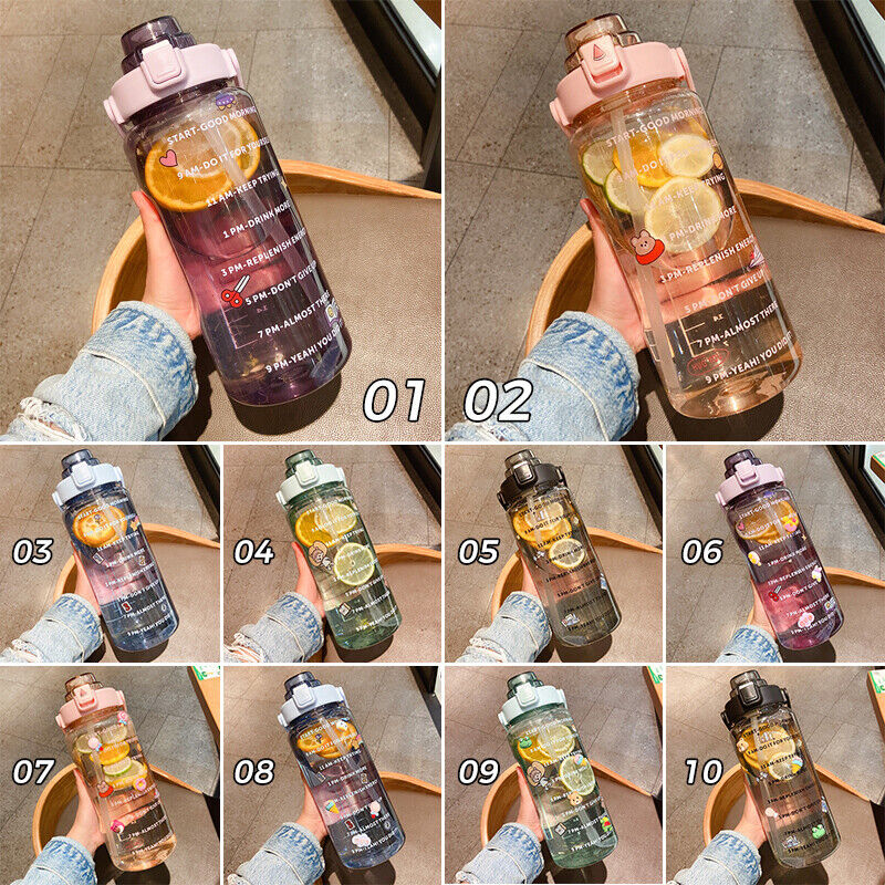 2L Sports Stickers Water Bottle Large Capacity Straw Gradient Fitness Water Cup