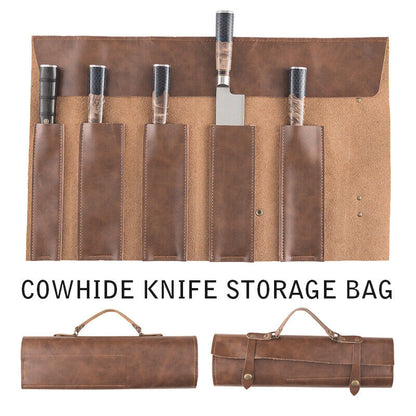 Cowhide Leather Pocket Knives Roll Carry Storage Case Chef Knife Organiser Bag