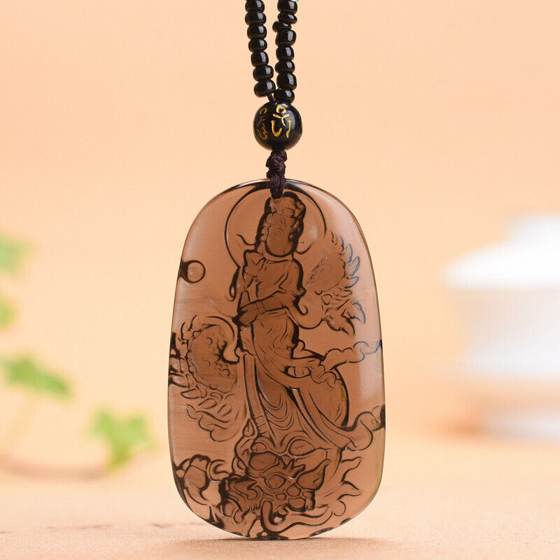 Natural Ice Obsidian Jade Pendant Beads Cord Necklace Buddha Guan Yin Charm