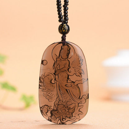 Natural Ice Obsidian Jade Pendant Beads Cord Necklace Buddha Guan Yin Charm