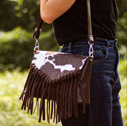 Celela Fashion Women Hair-on Cow Pattern Fringe Crossbody Bag Handbag Purse