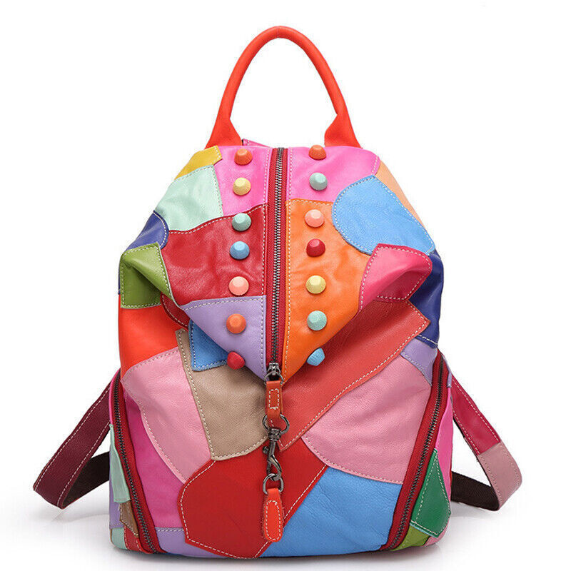 Sheepskin Leather Women's Colorful Blocks Patchwork Backpack Travel Bag Rucksack