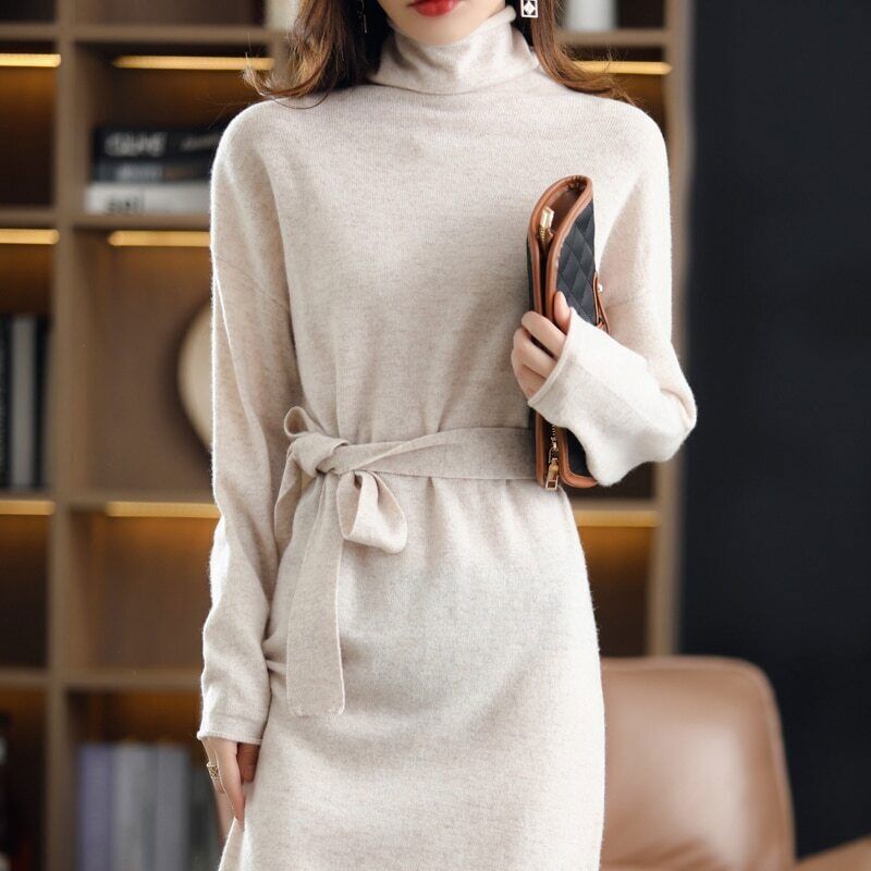 100% Wool Ladies Dress Long-sleeved Long High-neck Cashmere Dress Sweater