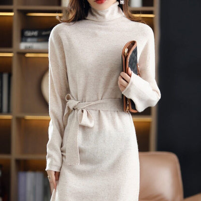 100% Wool Ladies Dress Long-sleeved Long High-neck Cashmere Dress Sweater
