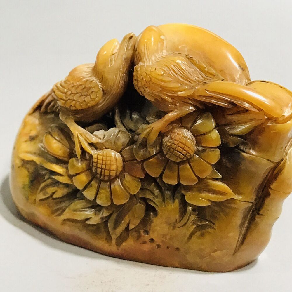 Chinese Shoushan Stone Carved Exquisite Flower Bird Seal Statue Figurine Artwork