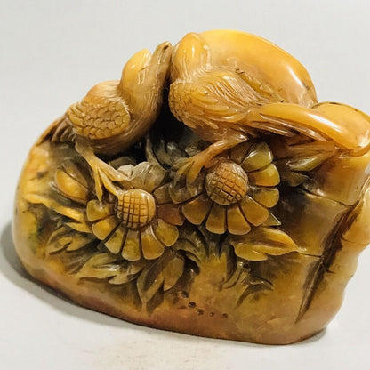 Chinese Shoushan Stone Carved Exquisite Flower Bird Seal Statue Figurine Artwork
