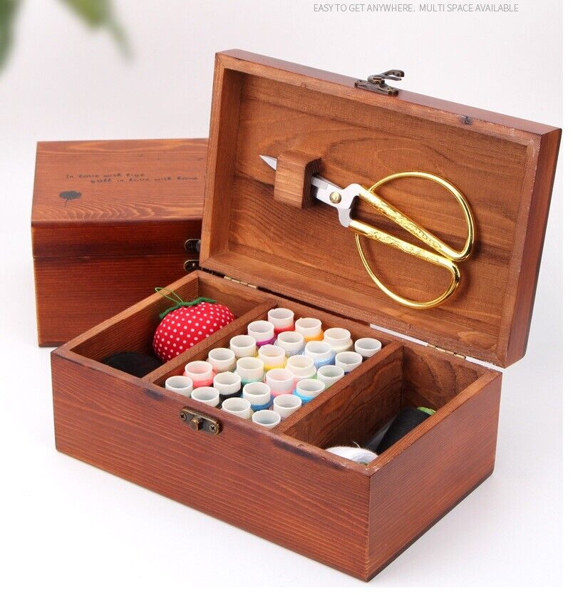 Sewing Box Home Set Needles Threads Tools Craft Kit Storage Boxes 21x13x9cm Wood