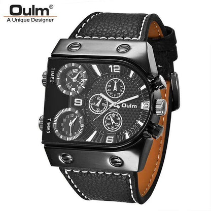 Reloj De Pulsera Grande Cuarzo Multi-zona Correa De Cuero Deportes Para Hombres