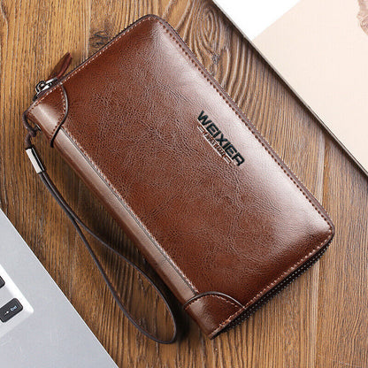 Men Business Leather Long Wallet Double Zipper Card Holder Clutch Bag Phone Case
