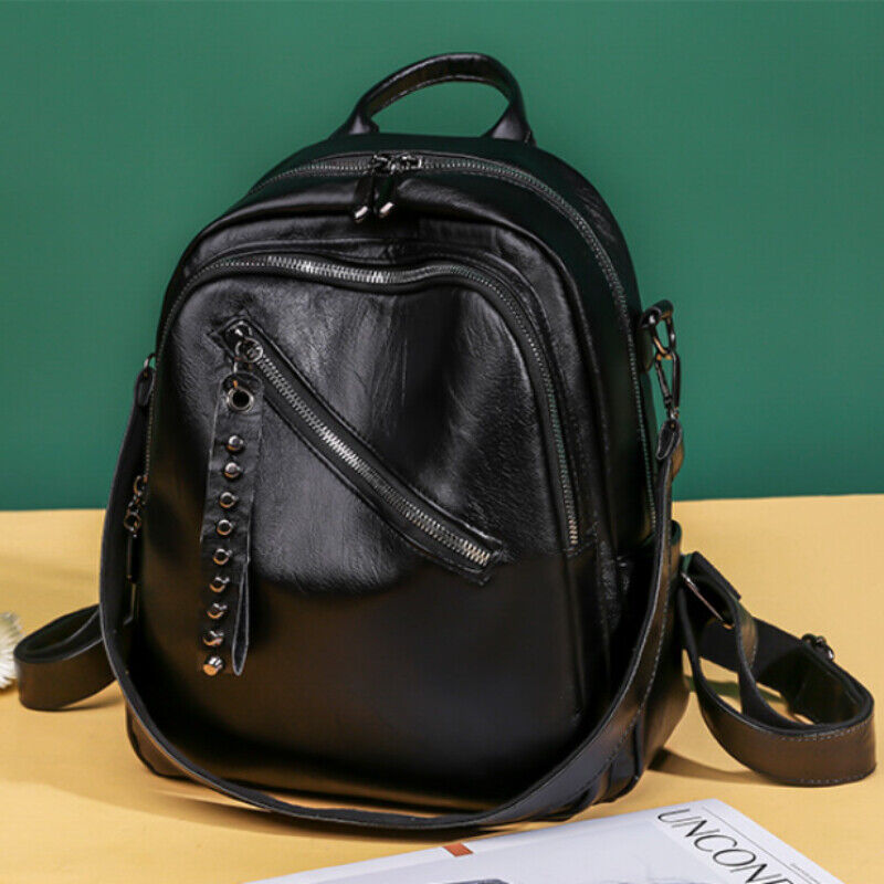 Large Capacity Black PU Leather Backpack Shoulder Bag Travel Rucksack Handbag