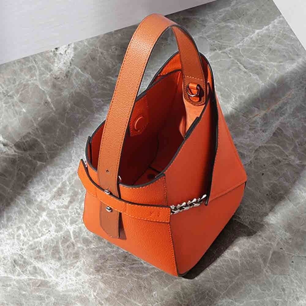 Genuine Leather Bucket Bag Women American Style Bags Orange Tote Purses