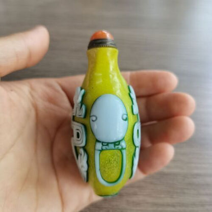 Chinese Colored Glazed Carved Double Sided Dragon Pattern Snuff Bottle Glass art
