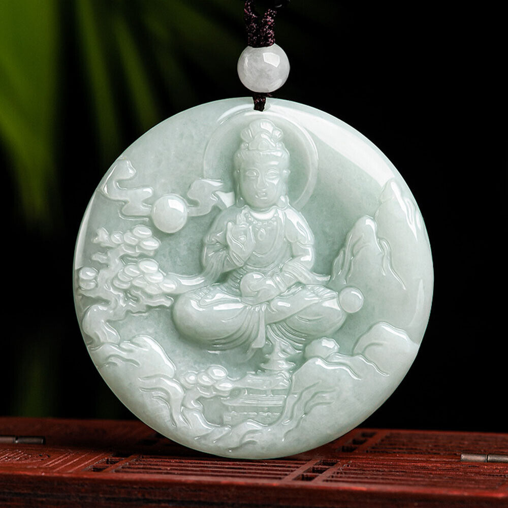 New Natural 100% Jade Grade A Jadeite Lucky Mountain Guanyin Buddha Pendant