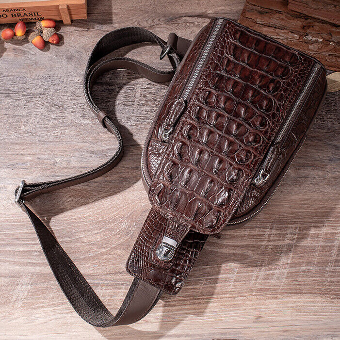 100% Crocodile Alligator Skin Leather Crossbody bag, Men's Luxury Sling Backpack