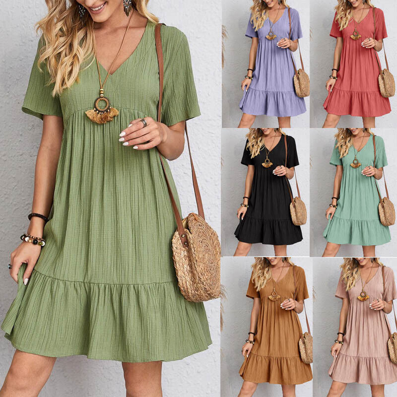 Womens Short Sleeve V Neck Mini Dress Ladies Pleated Ruffle Baggy A-Line Dr
