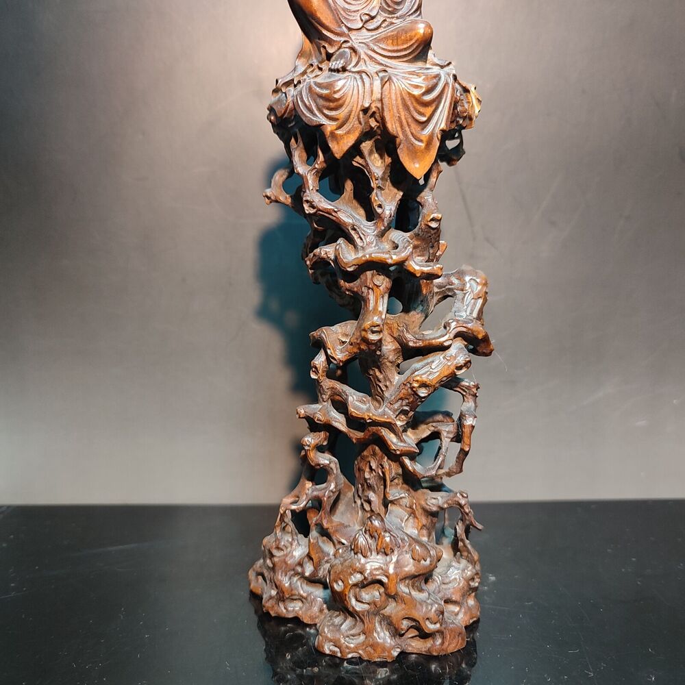 8" Vintage Wooden Ornaments Carved Statue Free Kwan Yin Bodhisattva Wood Figure