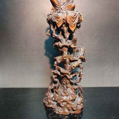 8" Vintage Wooden Ornaments Carved Statue Free Kwan Yin Bodhisattva Wood Figure