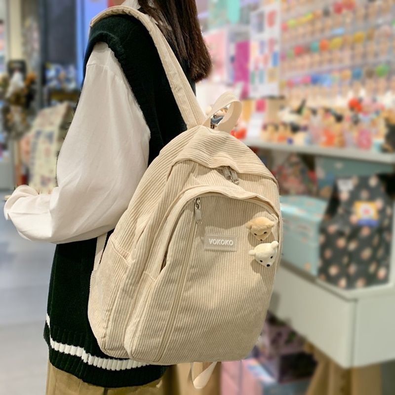 Stripe Corduroy Woman Backpack Schoolbag Fashion Bag Student Book Pack Polyester