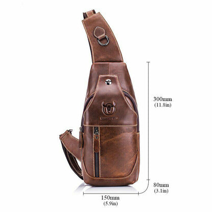 Men's Cow Leather Chest Crossbody Bag Sling Backpack Shoulder Bag Casual Daypack