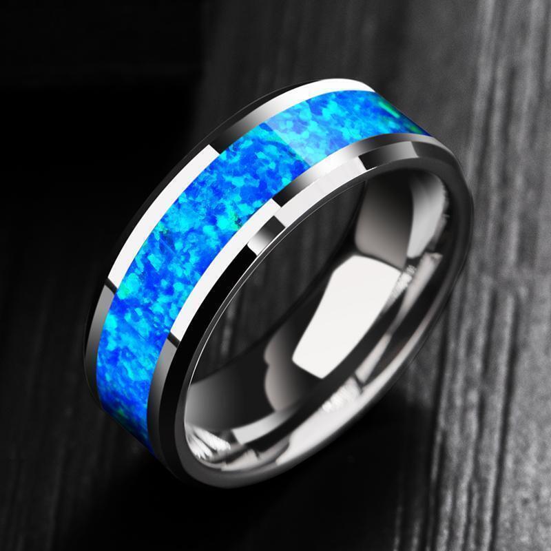 2023 New Luxury 8mm Tungsten Steel Ring Inlaid Blue Opal Wedding Ring Men's Neve