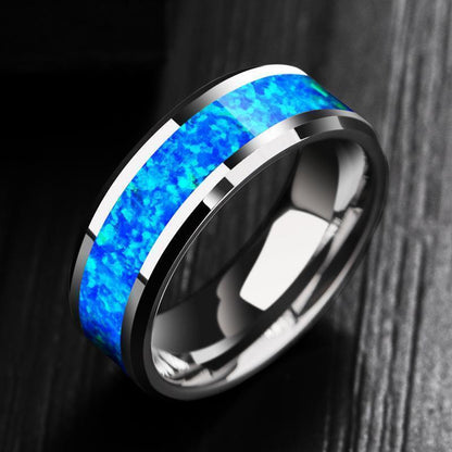 2023 New Luxury 8mm Tungsten Steel Ring Inlaid Blue Opal Wedding Ring Men's Neve