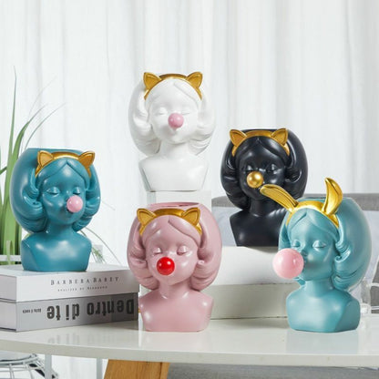 Resin Vase Cute Girl Bubble Gum Figurine Decorative Plant Flower Pot Modern Home
