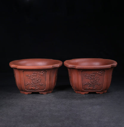 Chinese Yixing Zisha Clay Handmade Exquisite flowerpot (pair) （花盆（一对） 底款：铁画轩）