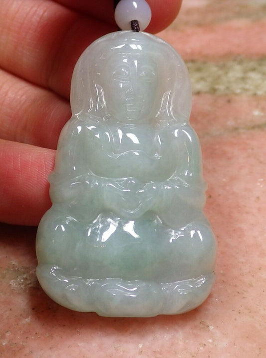 1 Piece Icy Green Burma Natural Jadeite Jade Pendant Guanyin