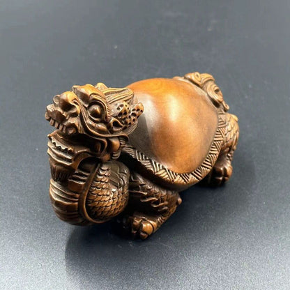 Collections Chinese Boxwood Carving Dragon Turtle Statue Nice Figurines Artwork