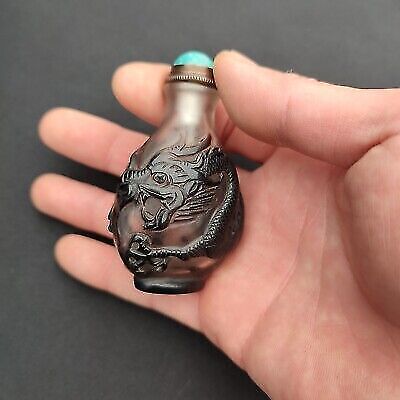 chinese peking glass snuff bottle black fierce dragon statue figurines snuffbox